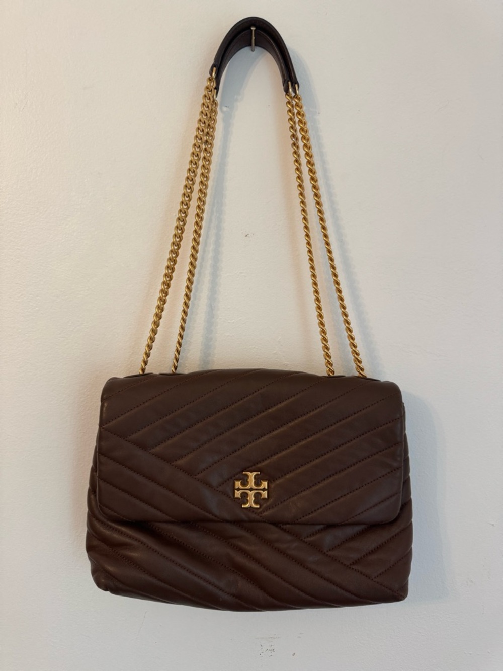 Tory Burch Quilted Chevron Shoulder Bag in Brown with Gold Hardware